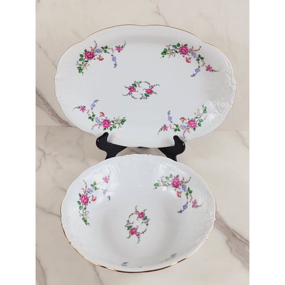 Royal Kent Poland Serving Oval Platter 13" Round Salad Bowl 9" Porcelain x2 Vtg - Picture 1 of 15